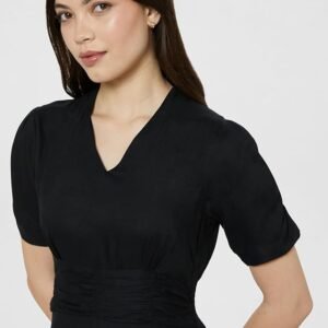 Amazon Brand - Symbol Women's V-Neck Midi Dress | Ruched Waist, Puff Sleeves, A-Line Flared (Available in Plus Sizes)