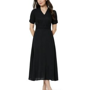 Amazon Brand - Symbol Women's V-Neck Midi Dress | Ruched Waist, Puff Sleeves, A-Line Flared (Available in Plus Sizes)