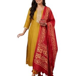 INDO ERA Women's Silk Blend Embroidered Sequinned Kurta & Pant with Dupatta Set