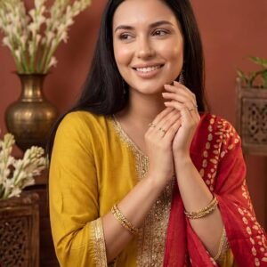 INDO ERA Women's Silk Blend Embroidered Sequinned Kurta & Pant with Dupatta Set