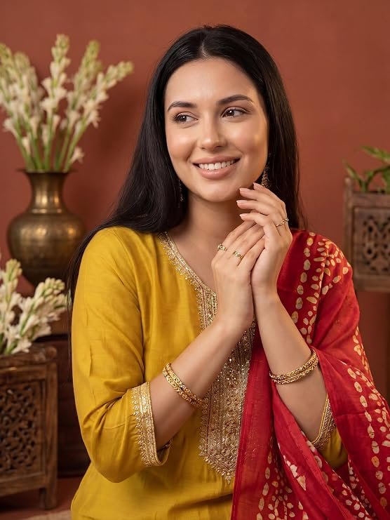 INDO ERA Women's Silk Blend Embroidered Sequinned Kurta & Pant with Dupatta Set